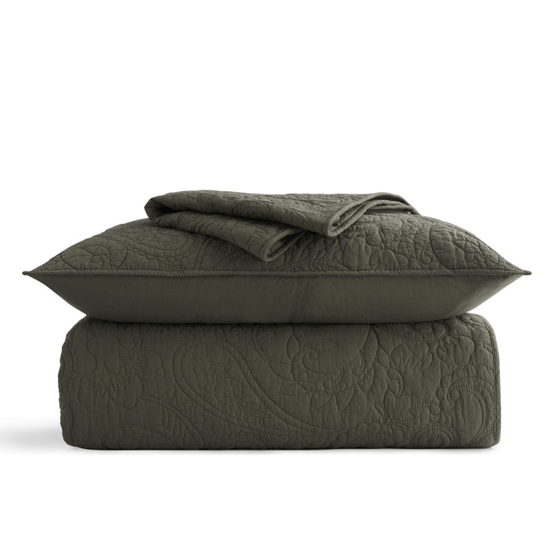 Ensemble de courtepointe 100% coton à motif cachemire 3 pièces, Vert olive, Courtepointe pour grand lit + 2 taies décoratives