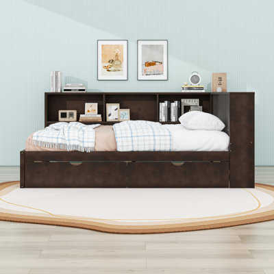 Queen Wood Daybed with Charging Station, 2 Drawers, LED Light and Shelves