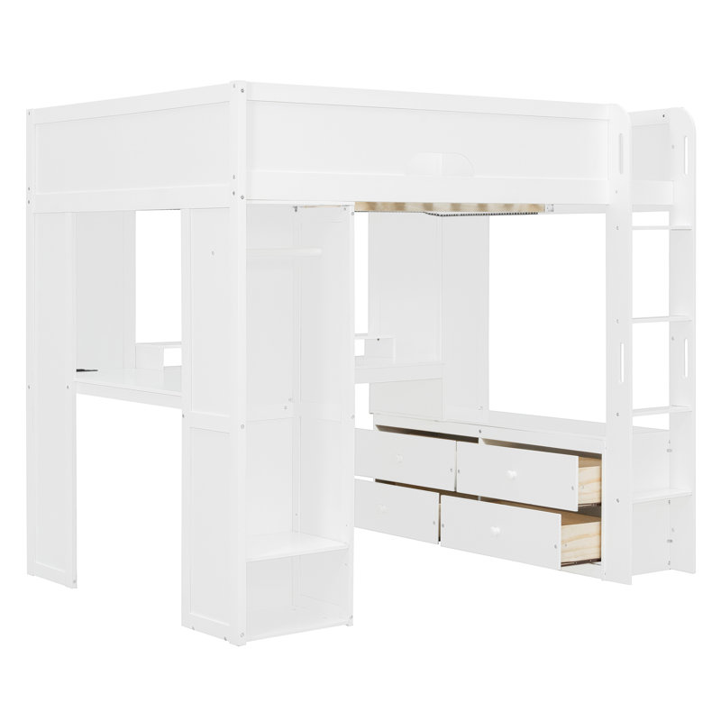 Lit double en bois avec bureau, tiroirs de rangement et garde-robe Vertex, Blanc