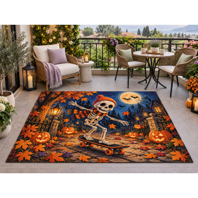 Tapis d'extérieur 152 x 213 cm (5' x 7') motif squelette skateboard Halloween, épais, imperméable, en PVC bouclé, résistant, séchage rapide, idéal pour terrasse, porche, balcon, entrée, camping-car.