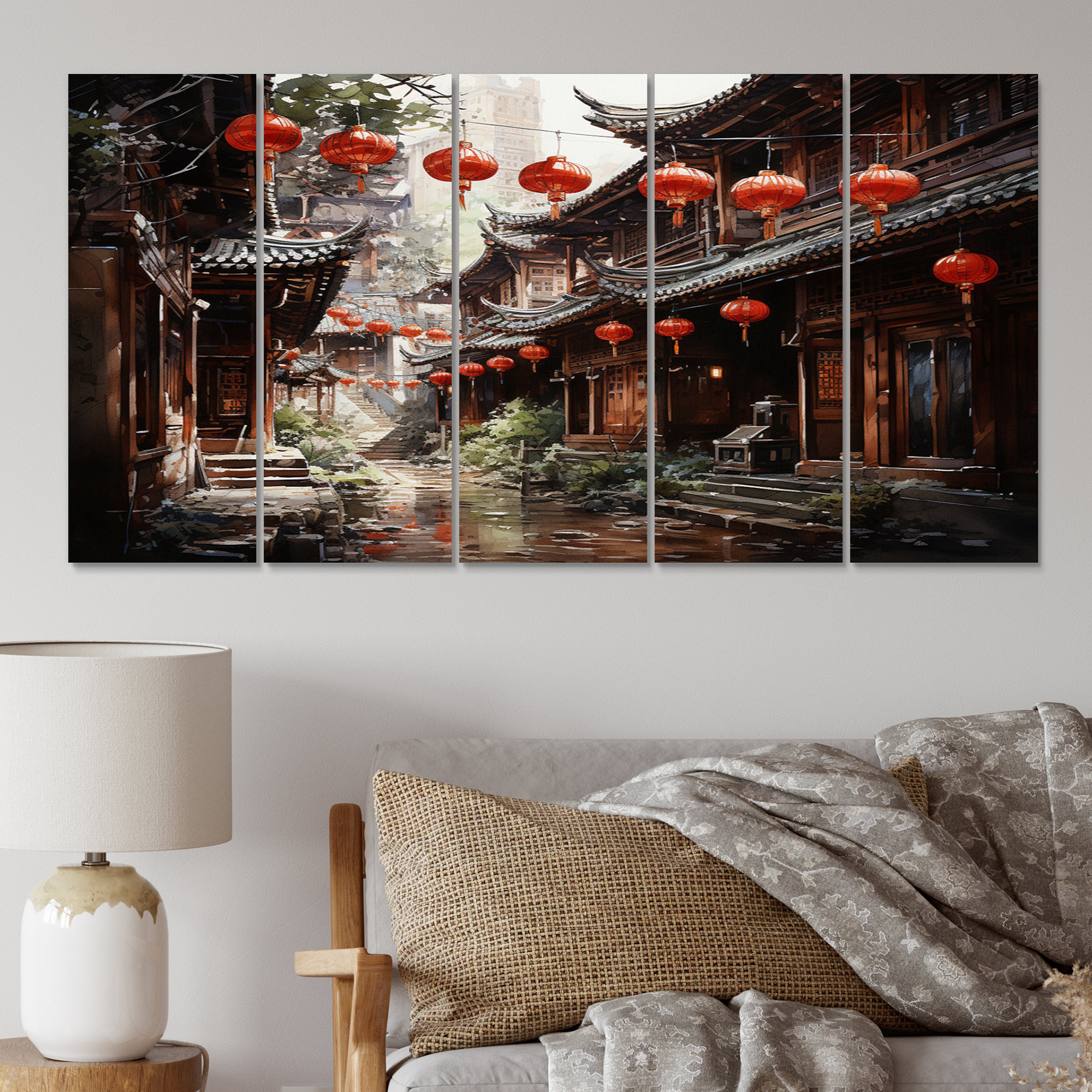 DesignArt China Art Red Lantern II - Chinese Metal Wall Decor Set | Wayfair