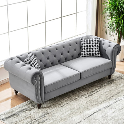 87", 3 Seater, Mid Century Modern, Velvet , Rolled Arms, Nailhead Elements, Grey, Pine Frame, Medium - Soft Seat Quality 87" Upholstered Seater With Roll Armrest And Nailhead, For Apartment Living