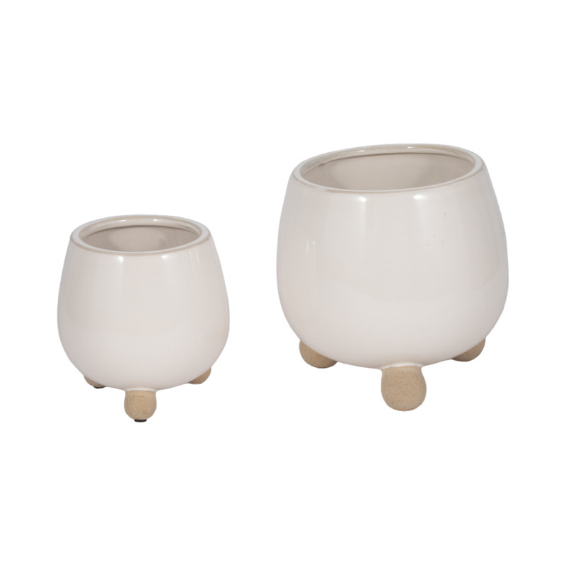Ereka Stoneware and Ceramic Footed Round Planters with Triple Ball Base Design Set of 2, Ivory