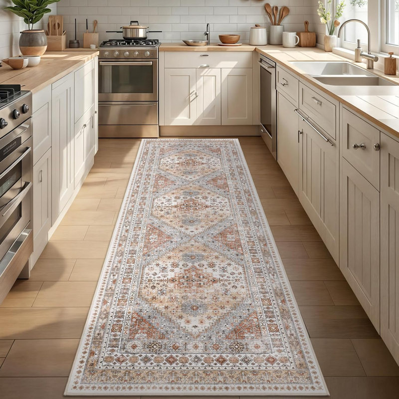 Medallion Non Slip Washable Rug(Orange), Runner 2'6" x 8'