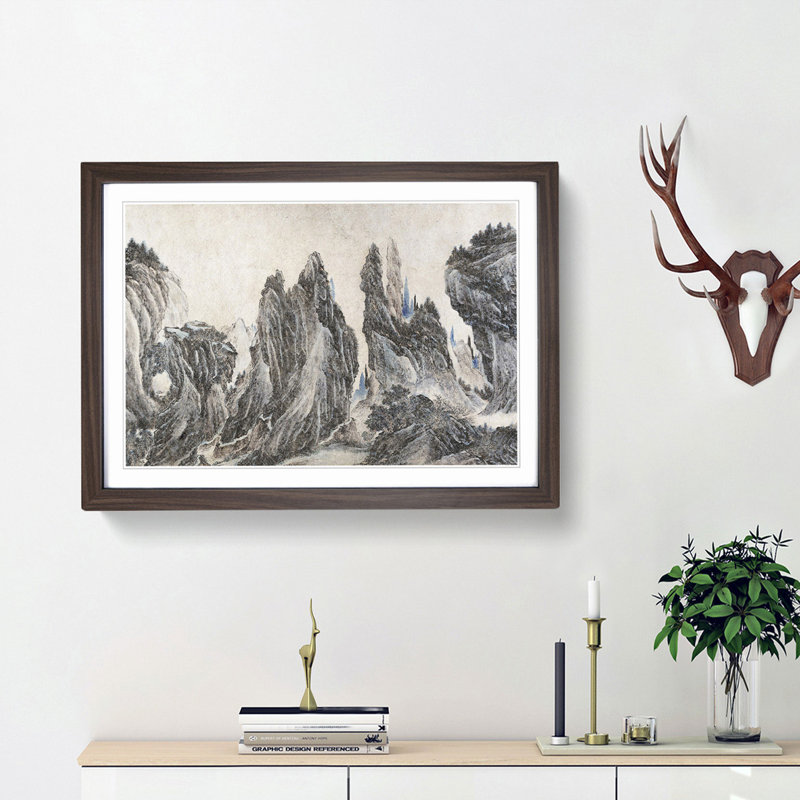 Mountain Landscape by Li Zai - Picture Frame Painting Print, 27cm H x 36cm W x 2cm D, Walnut Framed