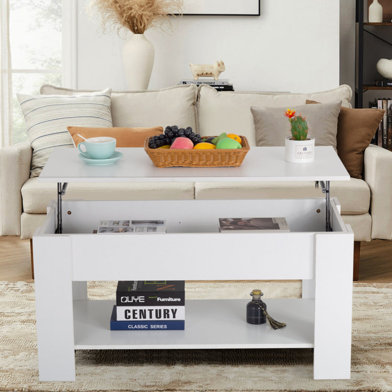 Table basse à plateau relevable avec compartiment caché et tablette de rangement pour table de salon en bois, Blanc