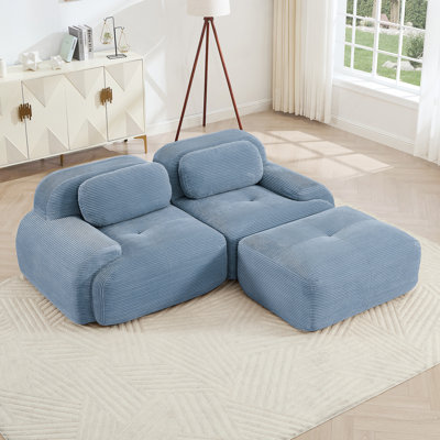 Canapé modulaire en L de 82 po en velours côtelé doux, combinaisons multiples, accoudoirs courbés, sans assemblage requis, éponge à haute résilience, bleu