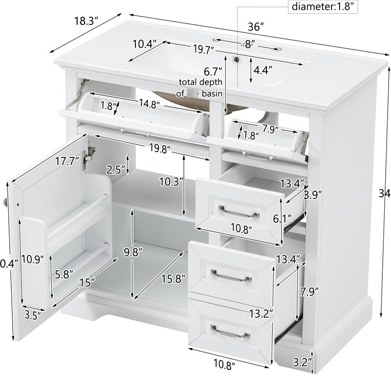 Meuble-lavabo blanc de 36 po avec lavabo encastré en céramique, charnières à fermeture en douceur, imperméable, de style moderne, armoire à tablette réglable, facile à nettoyer, 2 tiroirs basculants et coulissants, robuste