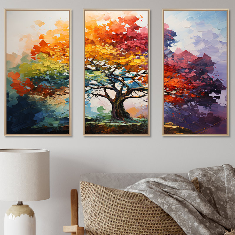 Multicolore fauve résonante séquoia - ensemble d'art mural arbre séquoia, H 28 po x l 36 po x P 1 po, Cadre naturel flottant