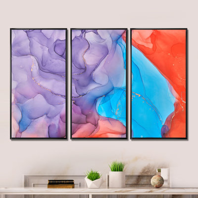 " Blue Red Orange Liquid Art " 3 - Pieces