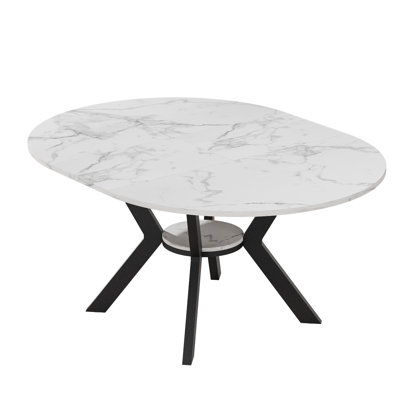 42.5-58.2 Inch White Faux Marble Extendable Round Dining Table With Storage Shelf For 4-6 People