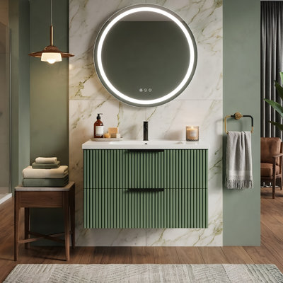 30" Modern Floating Bathroom Vanity With Integrated Ceramic Sink, Wall-Mounted Fluted Cabinet With Soft-Close Drawers (Green)
