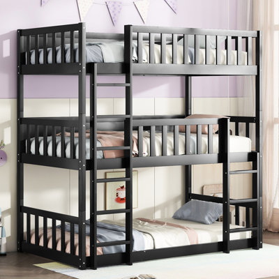 Detachable Black Rubber Wood Triple Bunk Bed - For Charming Bedroom Look Twin Size In Construction With Guardrails For