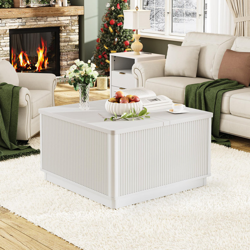 Modern Lift Top Coffee Table With Storage, Square Coffee Tables With LED Lighting And Power Outlet, Wooden Square Center Table For Living Room Home Office