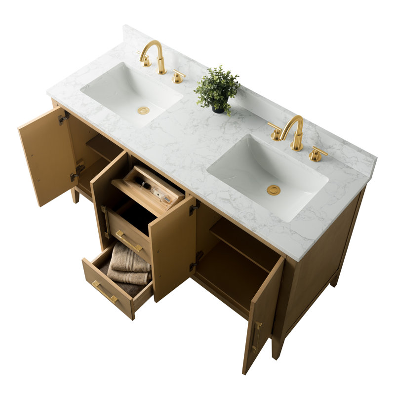 Chambery 60" Double Sink Bathroom Vanity with Engineered Marble Top, Natural Oak, Brushed Gold