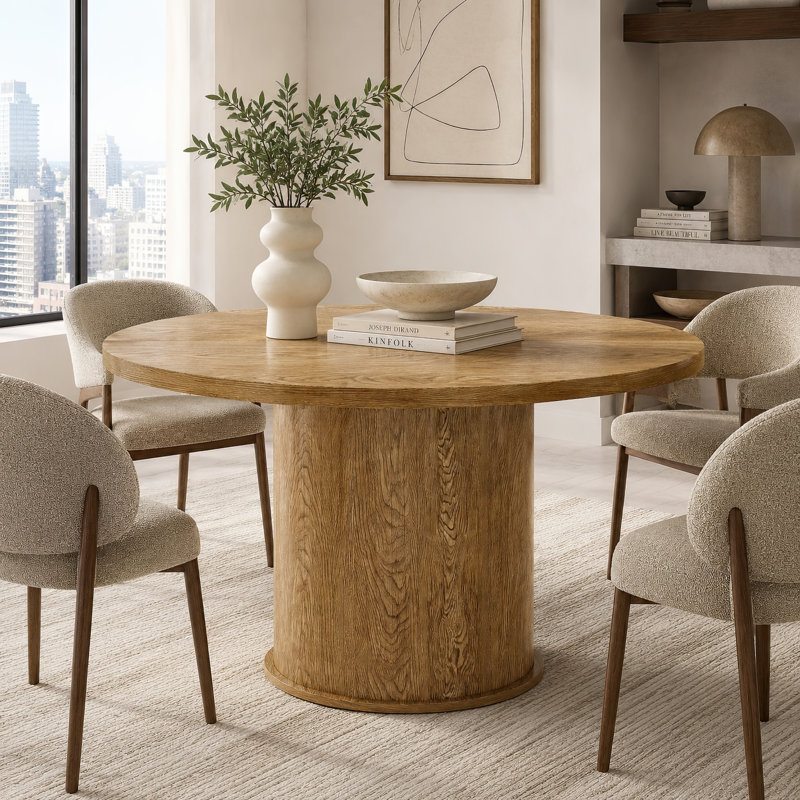 Table de salle à manger ronde de 110 cm (43,3 pouces) avec base en bois massif pour 4 à 6 personnes, Noyer clair