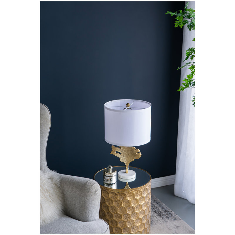 Lampe de table D13x22,2 "or et blanc avec motif de feuille (assemblage de l'abat-jour requis)