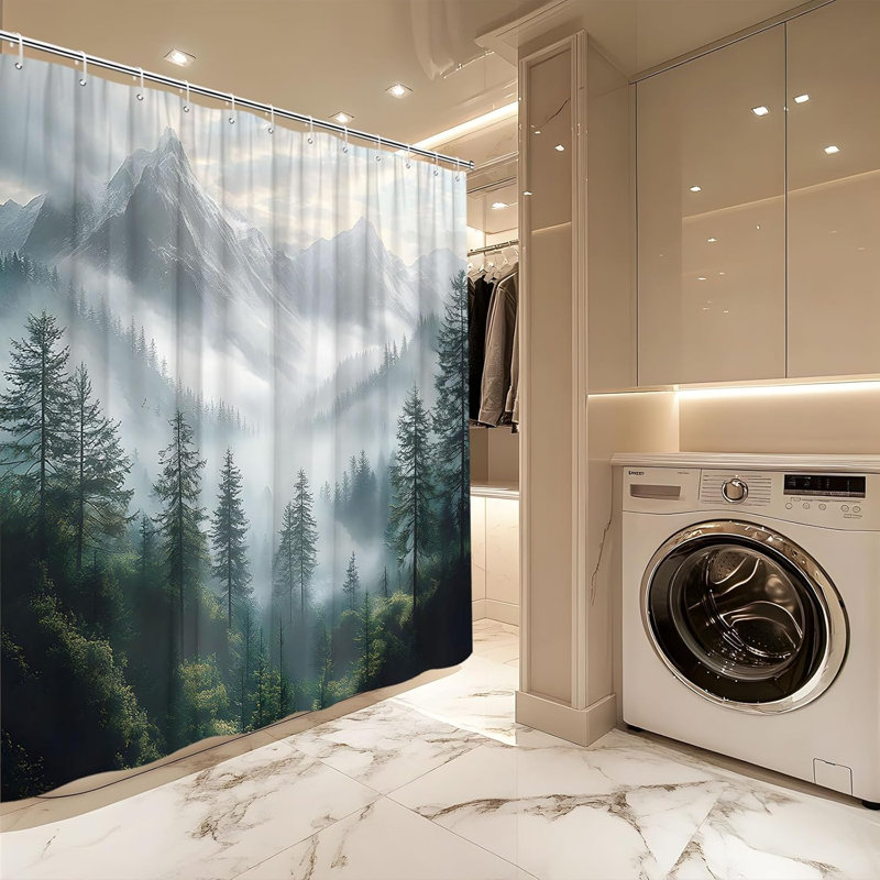 Ensemble de rideau de douche Misty Forest avec crochets - Rideau de salle de bain en polyester imperméable avec motif boisé naturel, ourlet lesté pour plus d'intimité