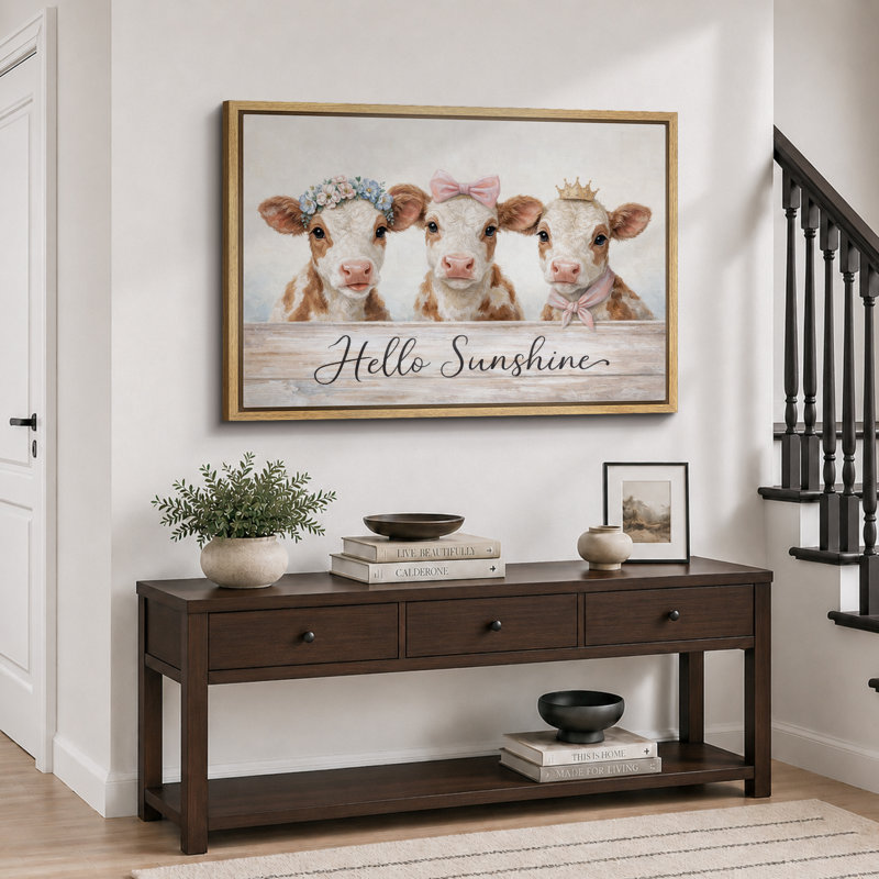 «Hello Sunshine Baby Calves», reproduction d'art sur toile encadrée, impression de giclée sur toile encadrée, Cadre naturel