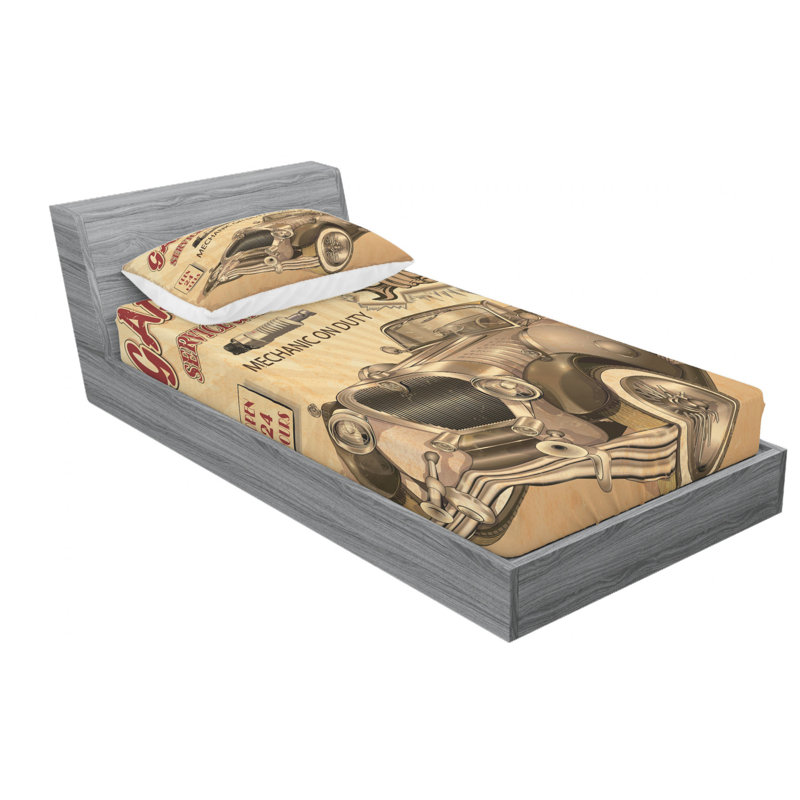 Ensemble de draps Nostalgic Car with Garage, Ensemble de draps pour lit simple TG avec 1 taie d