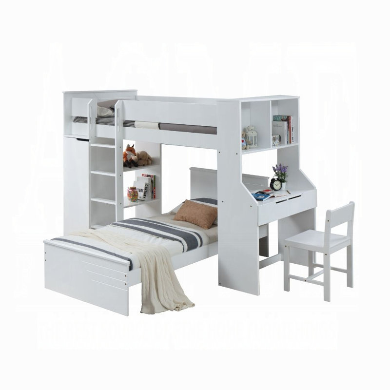 Lit mezzanine simple blanc avec bureau et garde-robe