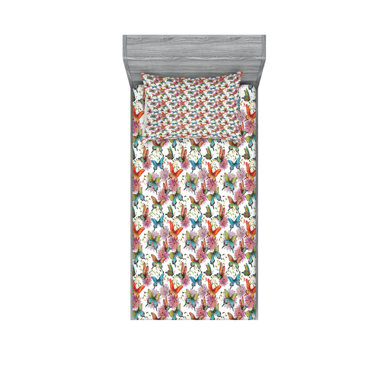 Ambesonne Butterfly Fitted Sheet & Pillow Sham  Set,  Multicolor, Twin Extra Long Sheet Set with 2 Pillowcases