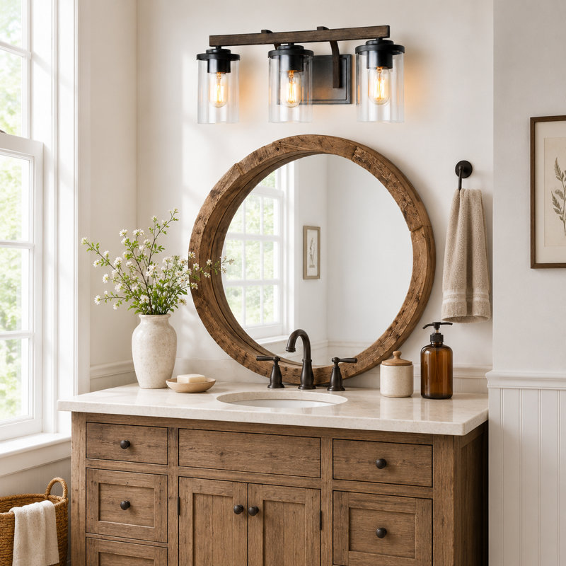 Ifill 3 Dimmable Faux Wood Farmhouse Vanity Light, Rustic Dark Silver & Faux Wood, 3 Lights