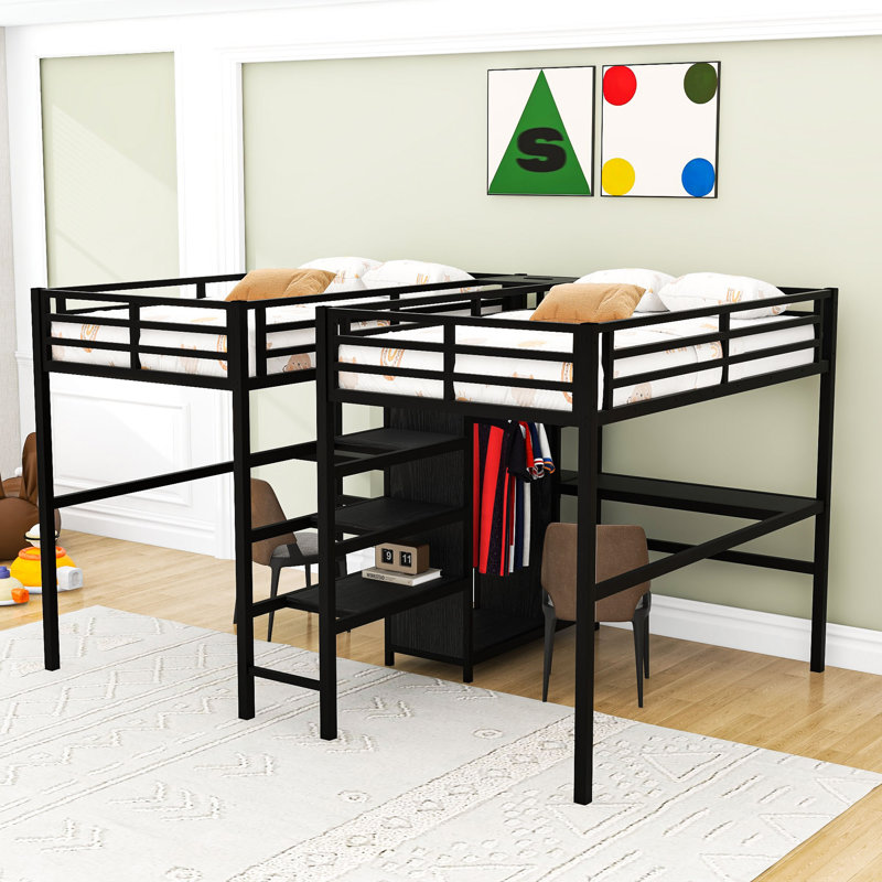 Twin & Twin Metal Loft Bed With Double Desk, Wardrobe, Shelves, Charging Station And Guardrails, Black