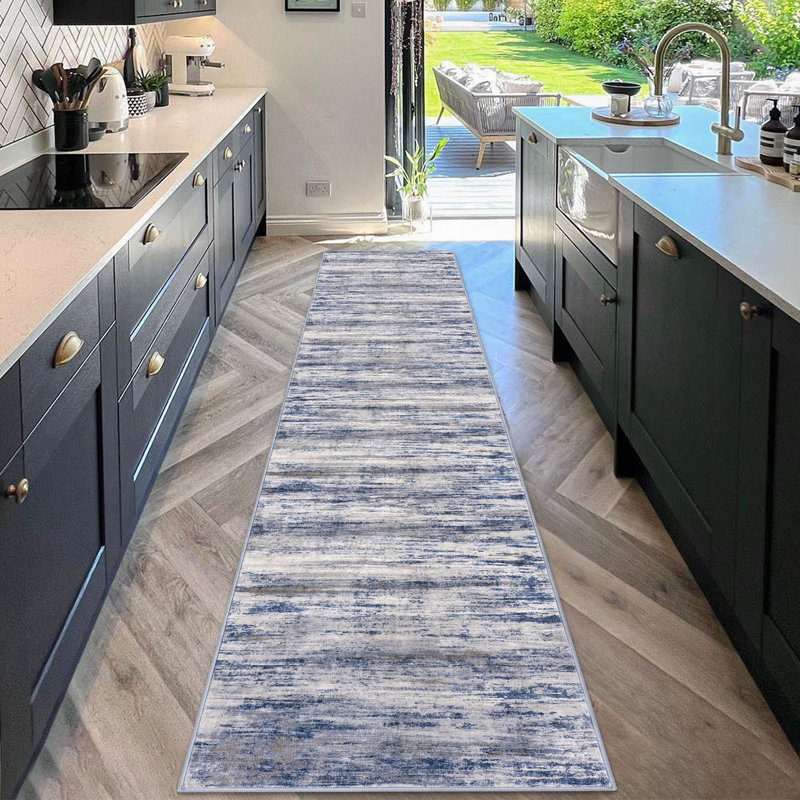 Tapis de couloir de couloir moderne moderne et lavable 2 x 12 antidérapant pour l'intérieur de la cuisine, Blue/Grey