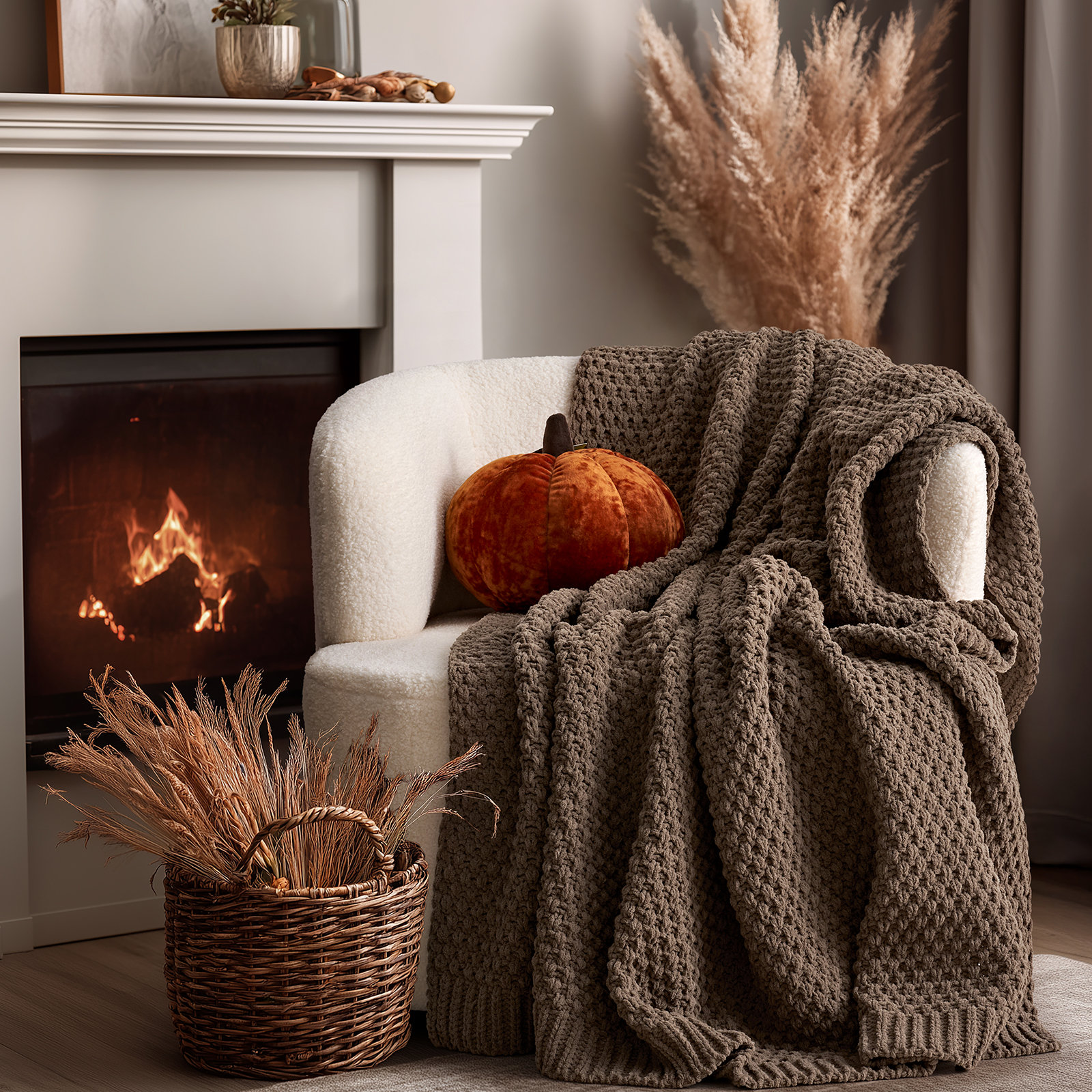 Chunky Chenille Knit Throw Blanket, 60" L x 50" W, Mocha Brown