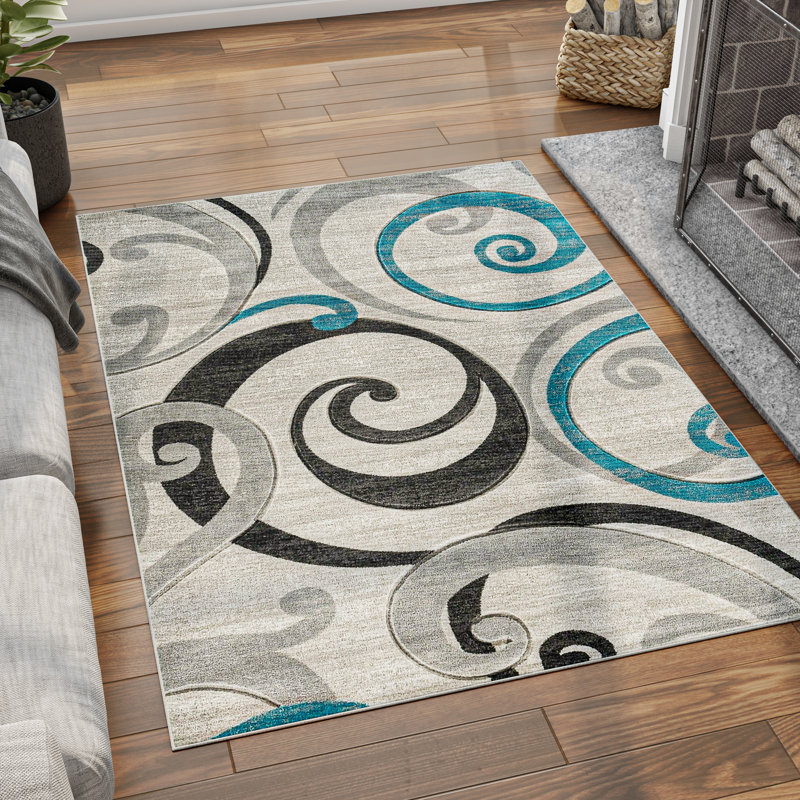 Tapis turquoise / argenté Rosebank Swirls, Rectangle 5 pi x 7 pi