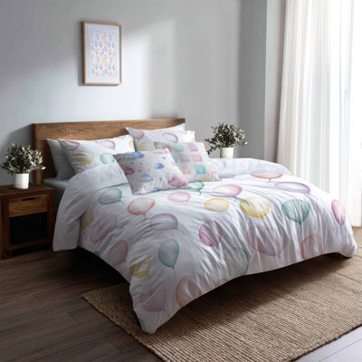 Kids Sky Duvet Cover Set Of 5 - Celebration Pastel Balloons Bedding And Throw Pillow Set