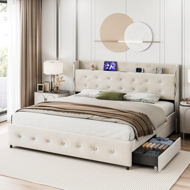 Upholstered Platform Bed Frame With Wingback Diamond Tufted Headboard