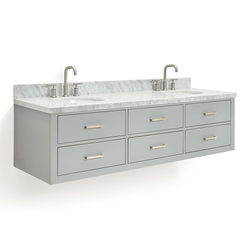 73'' W Double Vanity, Brushed Nickel, Gray, Pure White Quartz