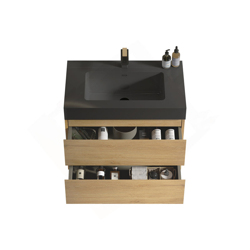 Meuble-lavabo mural flottant avec lavabo et rangement, Chêne clair, 30", Noir