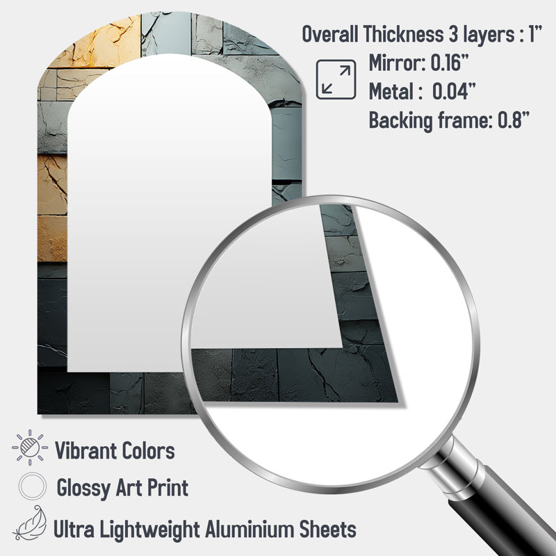 Grey and black Urban Cubist stones II - Cubism Asymmetrical Wall Mirror, Modern Arch Decorative Mirror, Printed Metal Art