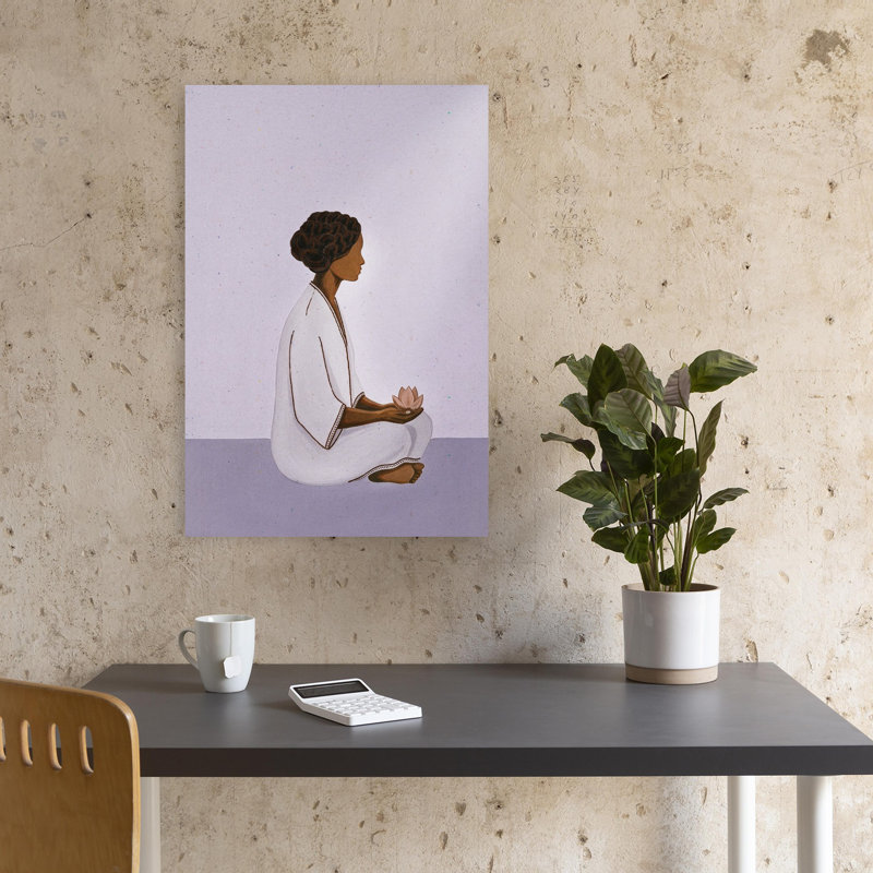 Meditating Woman With Lotus Minimalist Peaceful Serene Lotus Flower Nature Wall Art Print 1 Piece Wrapped Canvas Wall Art