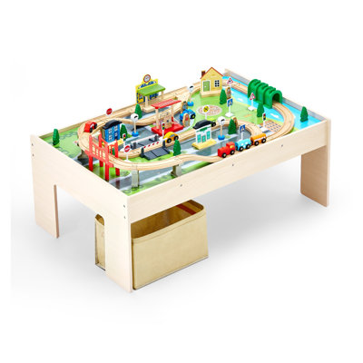 Wooden Kids Activity Train Table with 84-Piece Set and Collapsible Storage Bin, 3-in-1 Multifunctional Play Center for Gaming, Drawing, and Dining