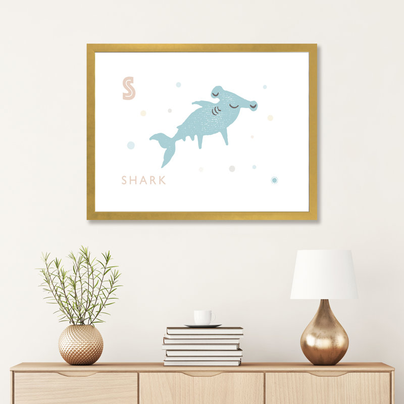 " Shark ", White, 24" H x 32" W x 1" D, Gold Framed Paper