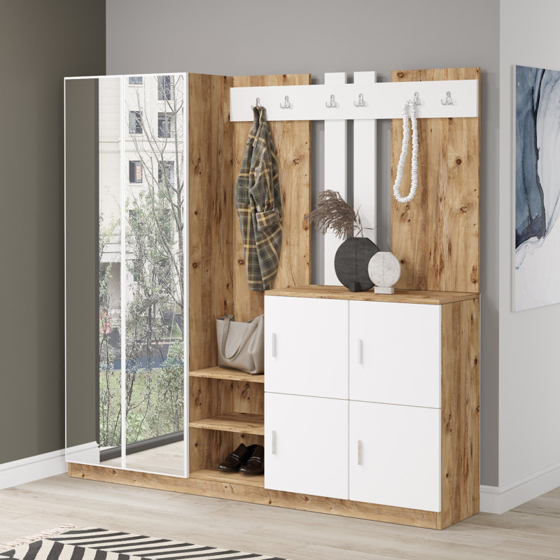 Modern Hall Stand, Atlantic Pine & White, 73.6 x 70.9 x 14.8 inches | 100% Melamine Coated Particle Board, Thickness: 0.7 inches | Stylish Storage Solution for Entryway, Durable & Elegant Design
