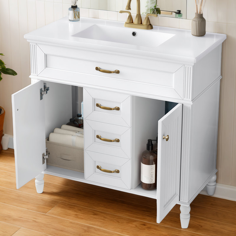Ensemble de meuble-lavabo 36 po avec lavabo, meuble autoportant blanc avec cuve en céramique, cadre en bois massif et en MDF, tiroir supérieur rabattable, portes à fermeture en douceur, 2 tiroirs de rangement, poignées dorées
