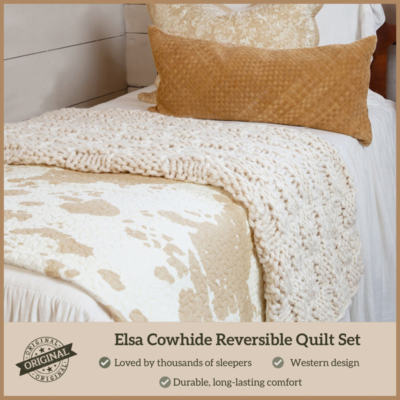 Elsa Cowhide Cotton Cow Print Western Rustic Farmhouse Quilt Set, Queen Quilt + 2 Standard Shams, Light Tan