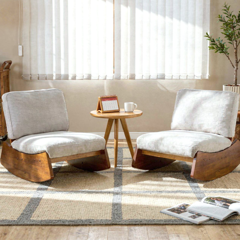 Fauteuil à bascule en bois massif recouvert de chenille avec siège et dossier rembourrés (lot de 2), Light Gray