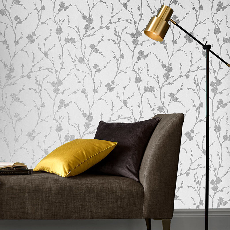 Meiying Floral Metallic Wallpaper Roll, Chalk