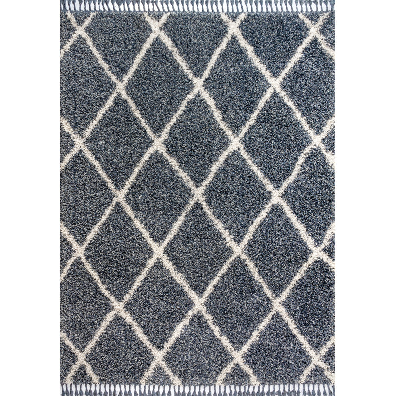 Cantera Shag Plush Tassel Moroccan Geometric Trellis Denim Blue/Cream Rug, Rectangle 5'3" x 7'6"