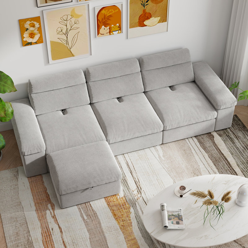 Canapé modulaire de 114 po avec dossier réglable, rangement et repose-pieds, Gris