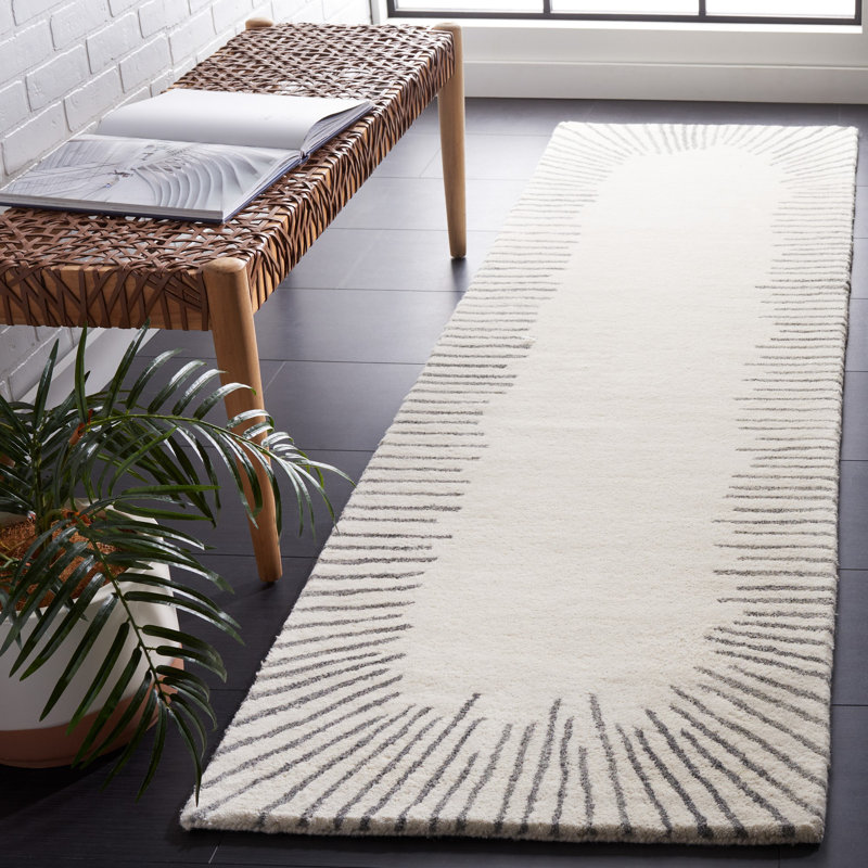 Tapis gris / ivoire en laine et coton touffeté à la main Jakavian, Tapis de couloir 2 pi 3 po x 8 pi
