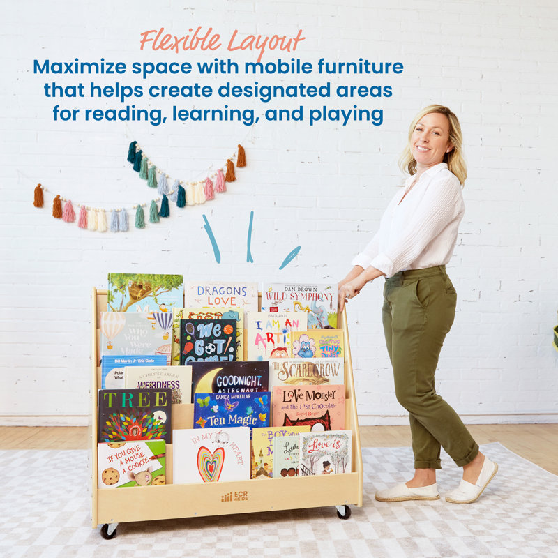 Natural Birch Double-Sided Mobile Book Display with Casters