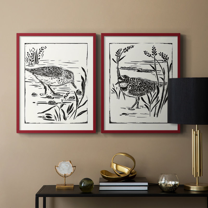 Linocut Style Seabird III-Premium Framed Print -Ready to Hang - No Nails Required - No Nails Required, Red, 11" H x 18" W