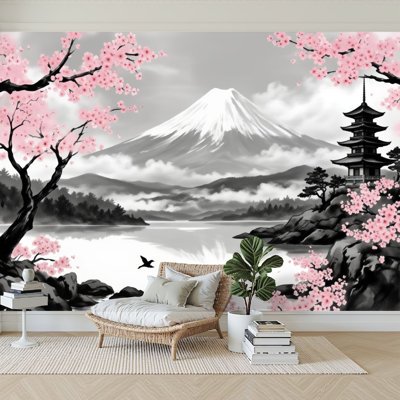 Peel and Stick Wallpaper 96" W x 69" H Modern Self Adhesive Wall Mural for Bedroom Cherry Blossoms Japanese Pagoda Misty Lake Mountain Landscape